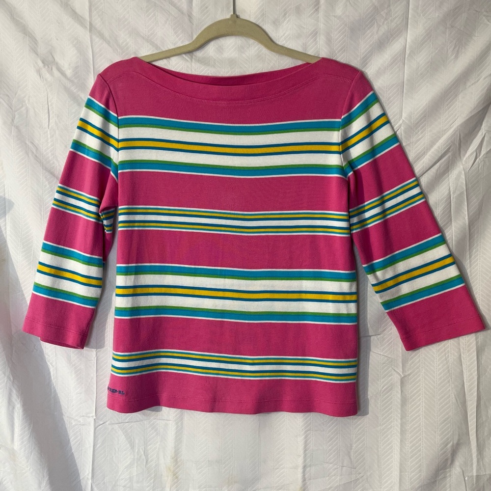 Lauren Ralph Lauren Pink Striped 3/4 Sleeve Top/ light weight Sweater. #7